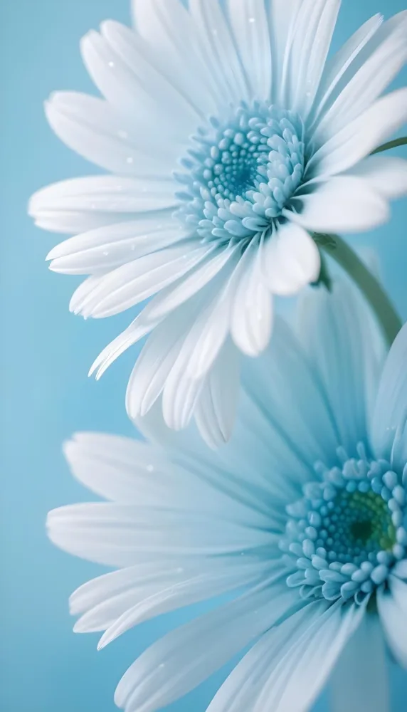 Close Up Of White And Light Blue Daisy Flowers With Delicate Petals Soft Lighting Light Blue Background Focus On The Details Of The Flower S Texture Macro Photography 21 B635