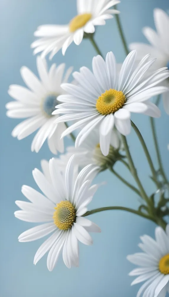 Close Up Of White And Light Blue Daisy Flowers With Delicate Petals Soft Lighting Light Blue Background Focus On The Details Of The Flower S Texture Macro Photography 23 84dc