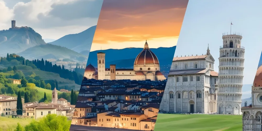 Collage Of Three Different Italian Landscapes Mountains Florence Cityscape And Pisa Tower 6 Bf6c