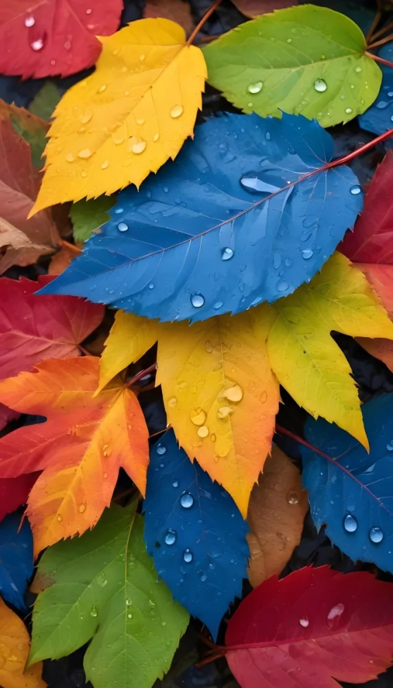 Colorful Autumn Leaves With Water Droplets Including Yellow Leaves Orange Leaves Red Leaves And Blue Green Leaves 1 0228