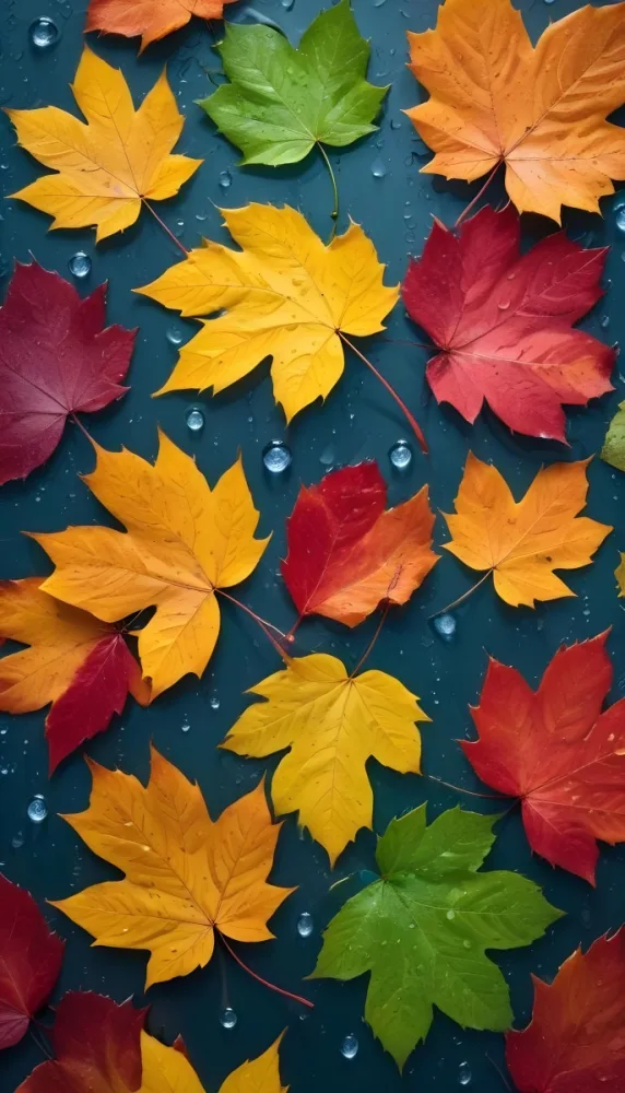 Colorful Autumn Leaves With Water Droplets Including Yellow Leaves Orange Leaves Red Leaves And Blue Green Leaves 11 559c