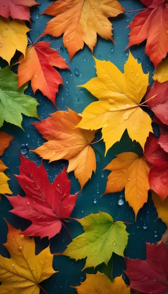 Colorful Autumn Leaves With Water Droplets Including Yellow Leaves Orange Leaves Red Leaves And Blue Green Leaves 12 Efbf