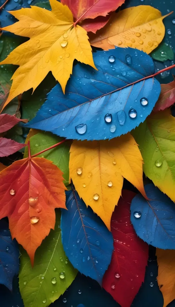 Colorful Autumn Leaves With Water Droplets Including Yellow Leaves Orange Leaves Red Leaves And Blue Green Leaves 14 E8c9