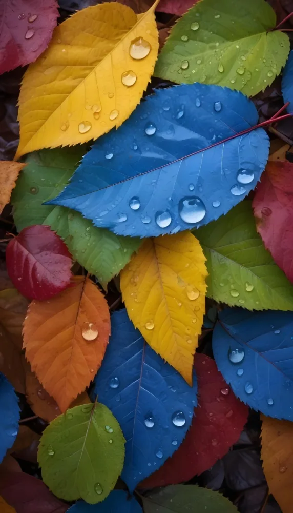 Colorful Autumn Leaves With Water Droplets Including Yellow Leaves Orange Leaves Red Leaves And Blue Green Leaves 16 59b4