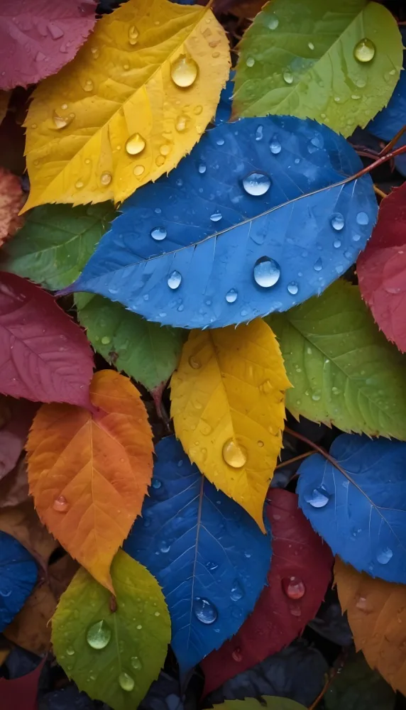 Colorful Autumn Leaves With Water Droplets Including Yellow Leaves Orange Leaves Red Leaves And Blue Green Leaves 5 7882