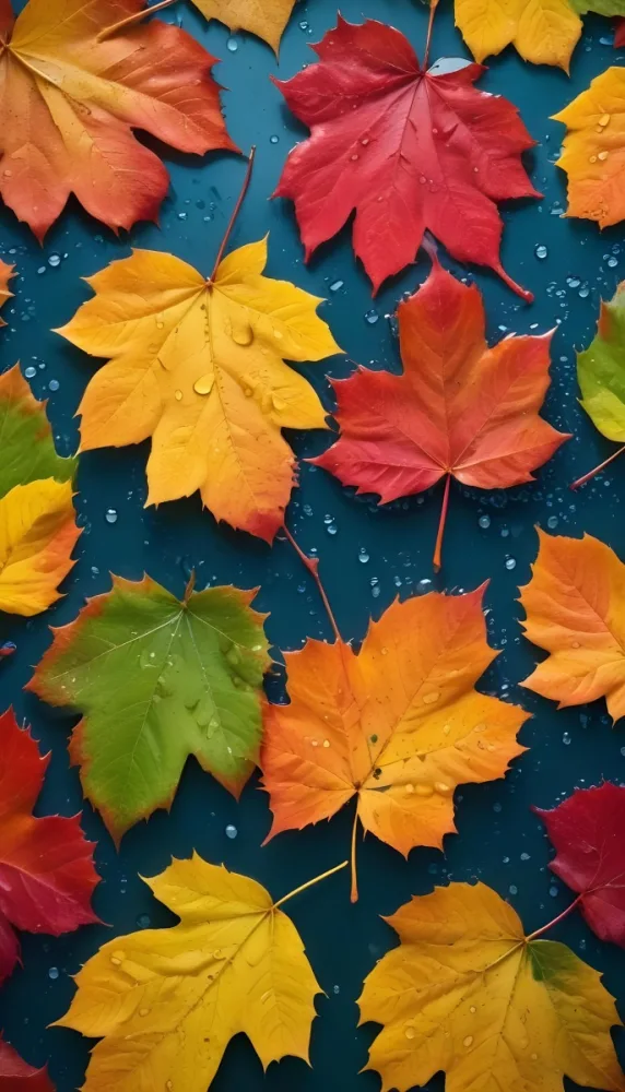 Colorful Autumn Leaves With Water Droplets Including Yellow Leaves Orange Leaves Red Leaves And Blue Green Leaves 8 7e54