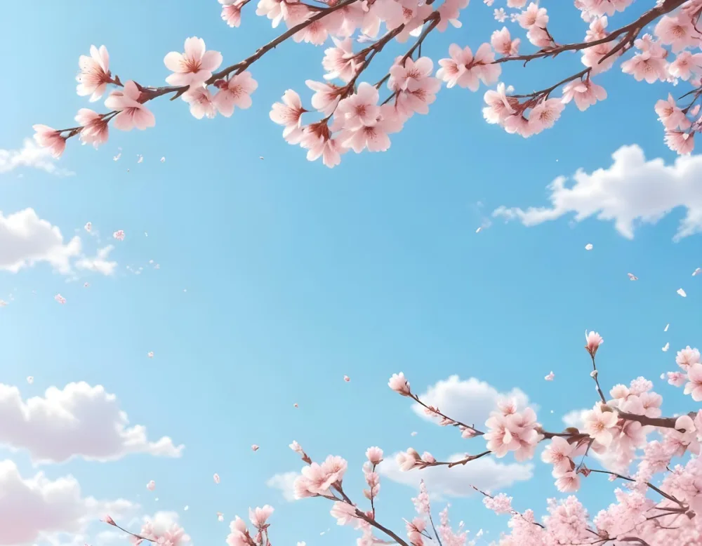Colorful Flat Illustration Classical Animes Cherry Blossom Branches With White Flowers And Falling Petals Pink Sky With Soft White Clouds Vibrant And Cheerful Atmosphere Draw Art Style Influenced By Japanese Artists 20 E015