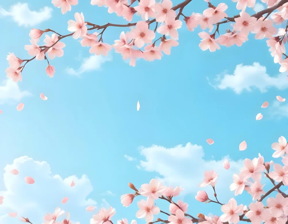 Colorful Flat Illustration Classical Animes Cherry Blossom Branches With White Flowers And Falling Petals Pink Sky With Soft White Clouds Vibrant And Cheerful Atmosphere Draw Art Style Influenced By Japanese Artists 31 013a