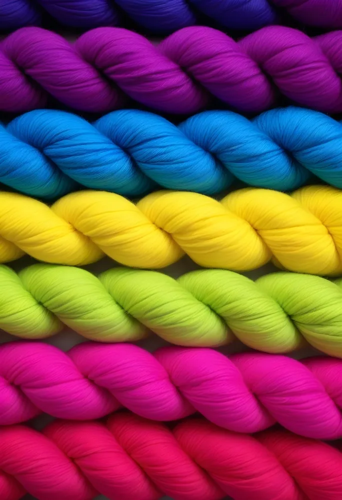 Colorful Strands Of Yarn Arranged In Horizontal Rows Featuring Vibrant Shades Of Blue Yellow Green Pink And Purple The Yarn Is Twisted And Neatly Organized Showcasing A Gradient Of Colors 12 5210