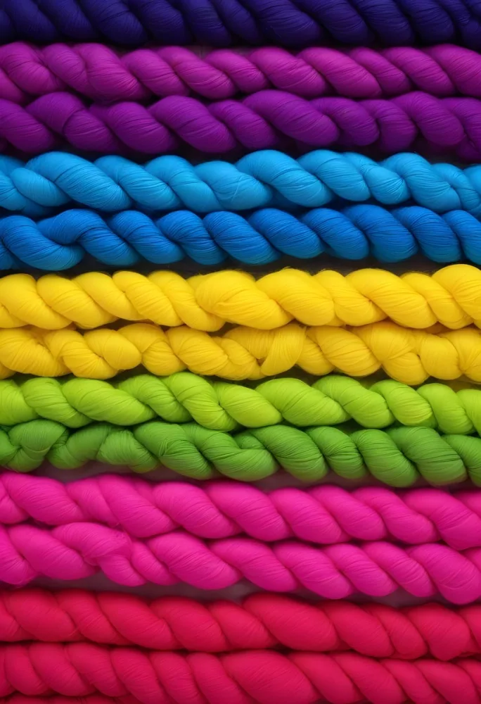 Colorful Strands Of Yarn Arranged In Horizontal Rows Featuring Vibrant Shades Of Blue Yellow Green Pink And Purple The Yarn Is Twisted And Neatly Organized Showcasing A Gradient Of Colors 21 6506