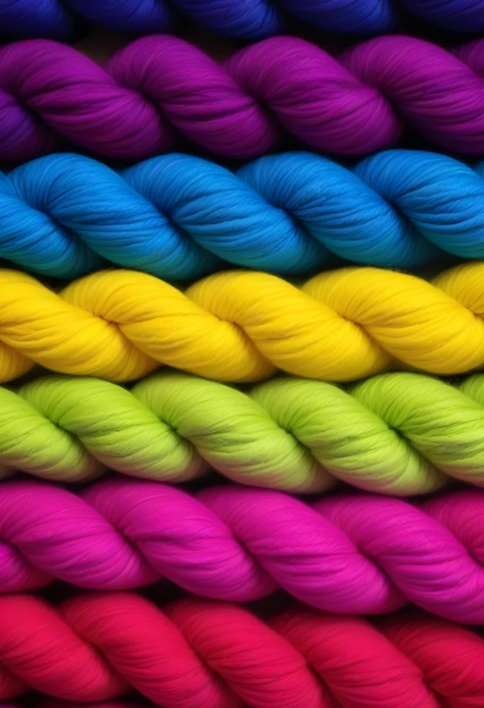 Colorful Strands Of Yarn Arranged In Horizontal Rows Featuring Vibrant Shades Of Blue Yellow Green Pink And Purple The Yarn Is Twisted And Neatly Organized Showcasing A Gradient Of Colors 25 Ce6c