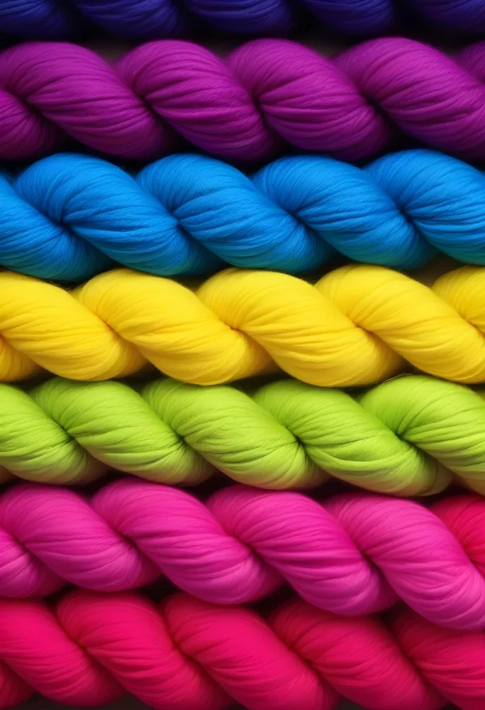 Colorful Strands Of Yarn Arranged In Horizontal Rows Featuring Vibrant Shades Of Blue Yellow Green Pink And Purple The Yarn Is Twisted And Neatly Organized Showcasing A Gradient Of Colors 27 0be9