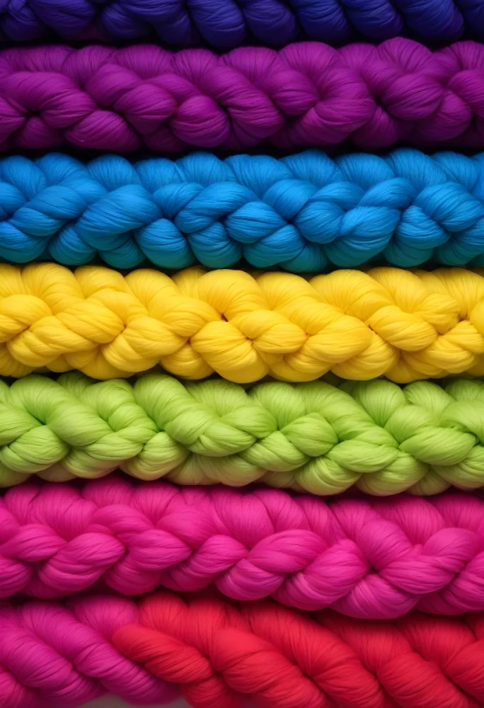 Colorful Strands Of Yarn Arranged In Horizontal Rows Featuring Vibrant Shades Of Blue Yellow Green Pink And Purple The Yarn Is Twisted And Neatly Organized Showcasing A Gradient Of Colors 28 34d6