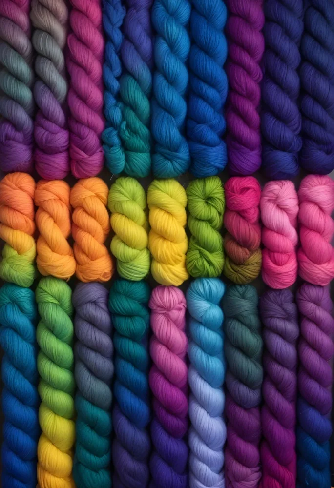 Colorful Strands Of Yarn Arranged In Horizontal Rows Featuring Vibrant Shades Of Blue Yellow Green Pink And Purple The Yarn Is Twisted And Neatly Organized Showcasing A Gradient Of Colors 29 5c7e