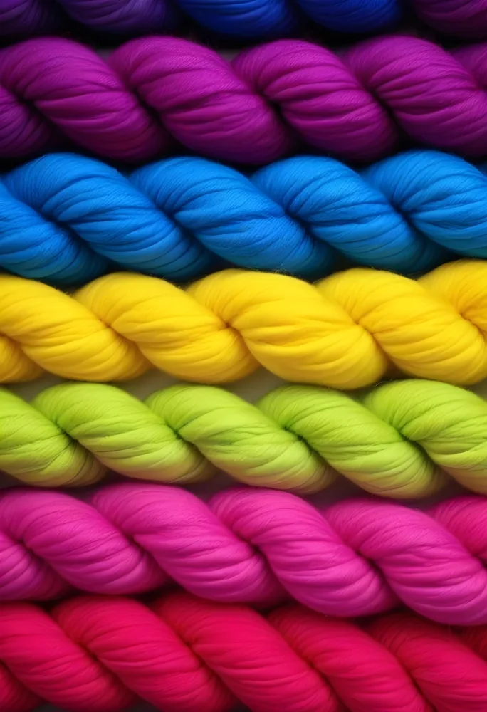 Colorful Strands Of Yarn Arranged In Horizontal Rows Featuring Vibrant Shades Of Blue Yellow Green Pink And Purple The Yarn Is Twisted And Neatly Organized Showcasing A Gradient Of Colors 3 7e2e