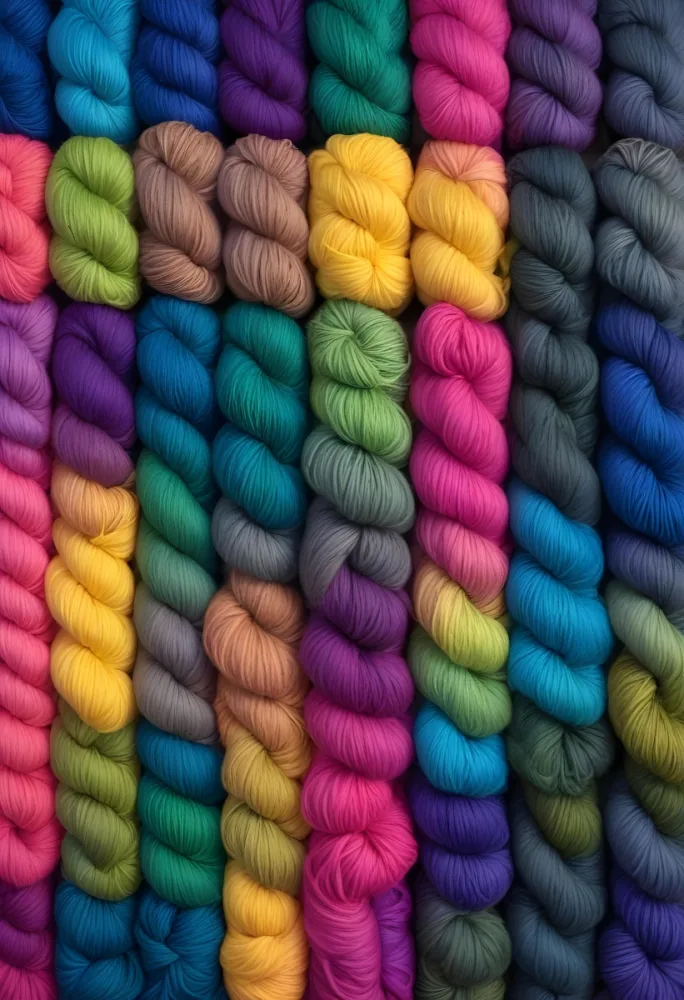 Colorful Strands Of Yarn Arranged In Horizontal Rows Featuring Vibrant Shades Of Blue Yellow Green Pink And Purple The Yarn Is Twisted And Neatly Organized Showcasing A Gradient Of Colors 30 35c0