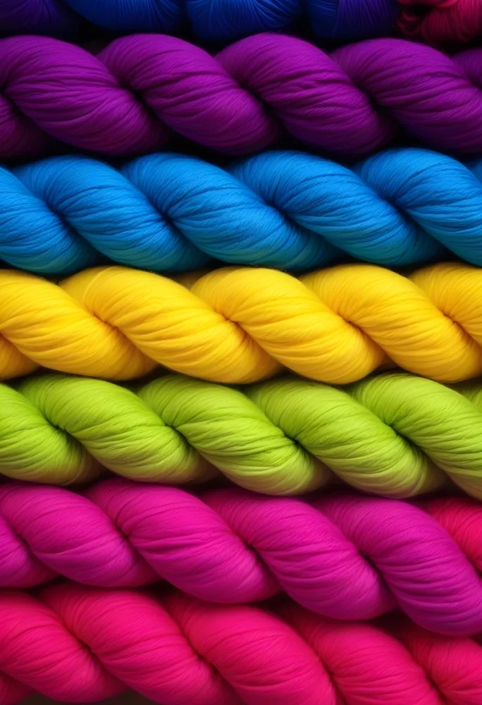 Colorful Strands Of Yarn Arranged In Horizontal Rows Featuring Vibrant Shades Of Blue Yellow Green Pink And Purple The Yarn Is Twisted And Neatly Organized Showcasing A Gradient Of Colors 8 6cf3