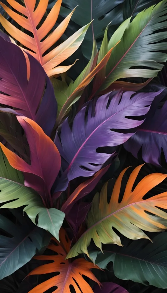 Colorful Tropical Leaves With Various Shades Of Green Purple And Orange The Leaves Have A Textured Feathery Appearance And Appear To Be Overlapping Each Other Creating An Abstract And Visually Striking Compositio 3 A451