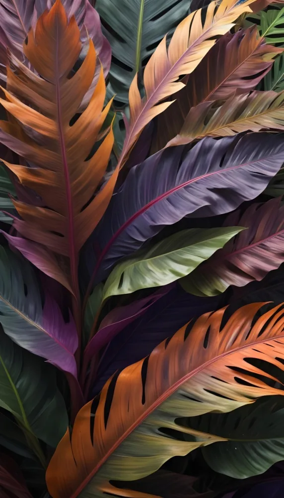 Colorful Tropical Leaves With Various Shades Of Green Purple And Orange The Leaves Have A Textured Feathery Appearance And Appear To Be Overlapping Each Other Creating An Abstract And Visually Striking Compositio 5 13d7