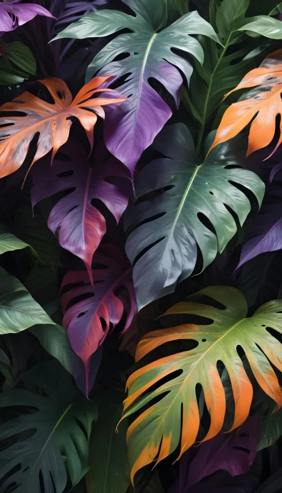 Colorful Tropical Leaves With Various Shades Of Green Purple And Orange The Leaves Have A Textured Feathery Appearance And Appear To Be Overlapping Each Other Creating An Abstract And Visually Striking Compositio 7 E738