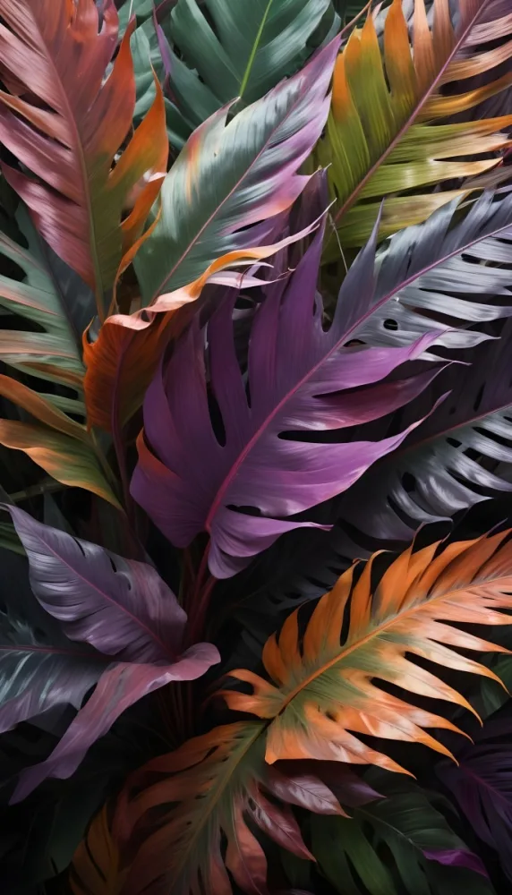 Colorful Tropical Leaves With Various Shades Of Green Purple And Orange The Leaves Have A Textured Feathery Appearance And Appear To Be Overlapping Each Other Creating An Abstract And Visually Striking Compositio 8 3ae2