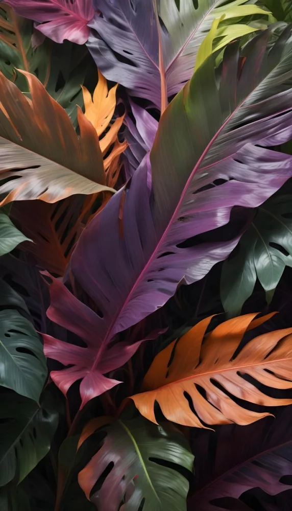 Colorful Tropical Leaves With Various Shades Of Green Purple And Orange The Leaves Have A Textured Feathery Appearance And Appear To Be Overlapping Each Other Creating An Abstract And Visually Striking Compositio 9 33a1