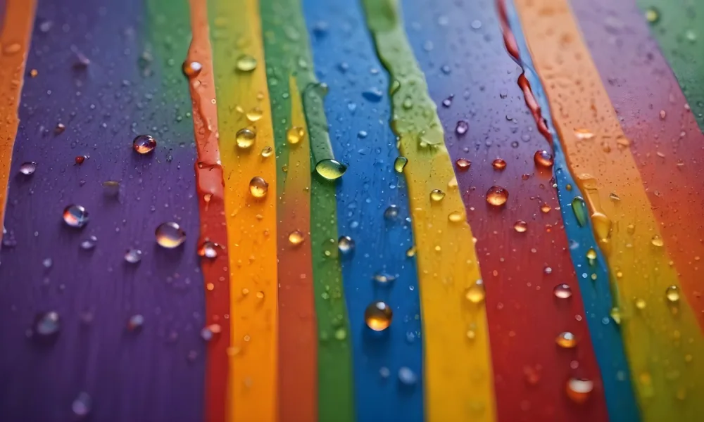 Colorful Vertical Stripes In Vibrant Hues Of Red Orange Yellow Green Blue And Purple With Water Droplets Clinging To The Surface Creating A Glossy Effect The Background Is Blurred Emphasizing The Vivid Colors A 17 60ce