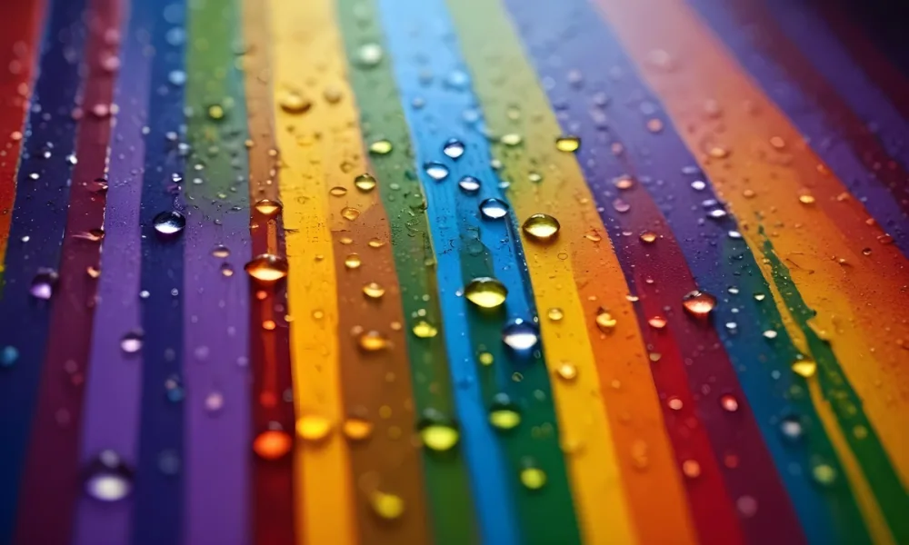 Colorful Vertical Stripes In Vibrant Hues Of Red Orange Yellow Green Blue And Purple With Water Droplets Clinging To The Surface Creating A Glossy Effect The Background Is Blurred Emphasizing The Vivid Colors A 22 78a5