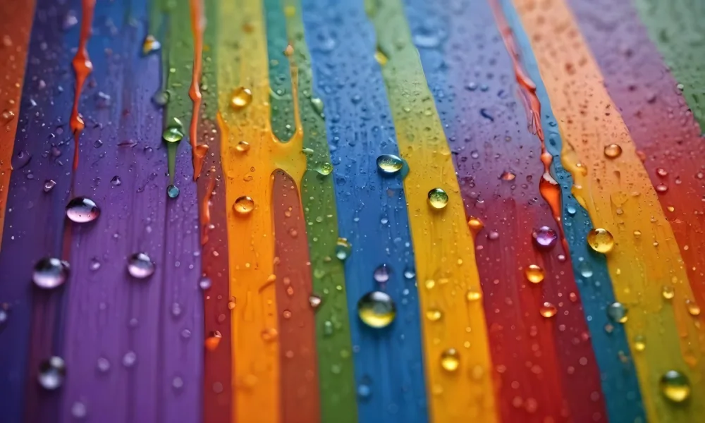 Colorful Vertical Stripes In Vibrant Hues Of Red Orange Yellow Green Blue And Purple With Water Droplets Clinging To The Surface Creating A Glossy Effect The Background Is Blurred Emphasizing The Vivid Colors A 33 F106