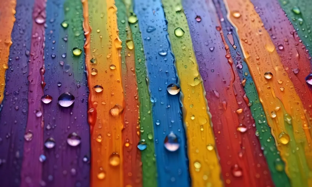 Colorful Vertical Stripes In Vibrant Hues Of Red Orange Yellow Green Blue And Purple With Water Droplets Clinging To The Surface Creating A Glossy Effect The Background Is Blurred Emphasizing The Vivid Colors A 37 53af