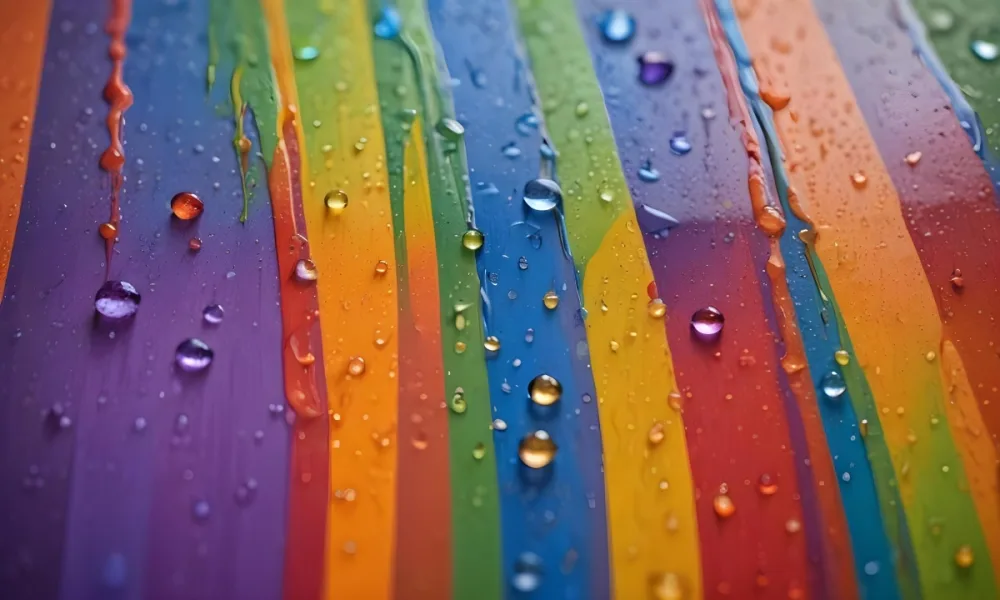 Colorful Vertical Stripes In Vibrant Hues Of Red Orange Yellow Green Blue And Purple With Water Droplets Clinging To The Surface Creating A Glossy Effect The Background Is Blurred Emphasizing The Vivid Colors A 6 4425