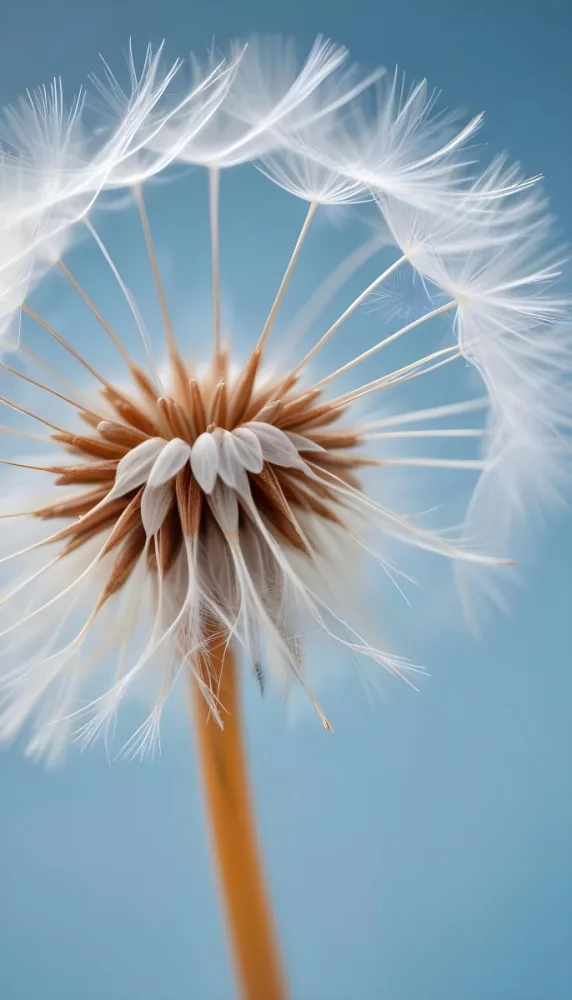 Dandelion Seed With White Filaments Attached To A Small Brown Seed Light Blue Background Soft Lighting Macro Photography Delicate And Airy Composition 7 A3bb