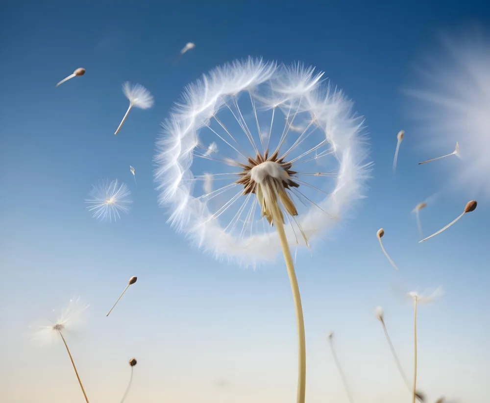 Dandelion Seeds Floating In The Air Against A Blue Sky Background 4 E40c