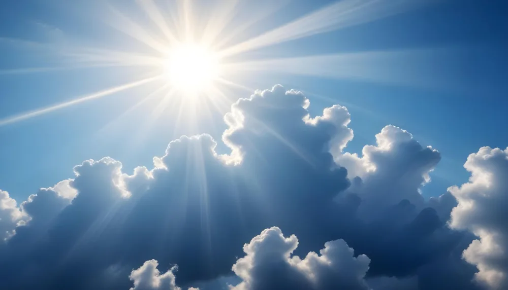 Dark And Mysterious Bright Blue Sky With Fluffy White Clouds And Sun Rays Shining Through Clear Blue Sky With Fluffy White Clouds And Sun Rays Shining Through Dark Shadows And Fog Blurred Neo Expressionism 12 0982