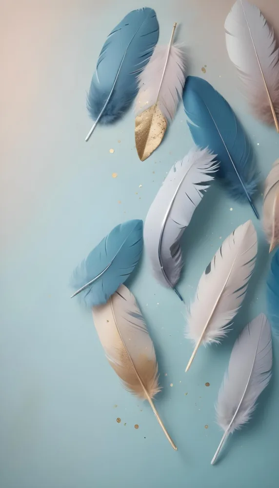 Delicate Blue And Gray Feathers Floating On A Soft Pastel Background With Golden Dots 26 513e