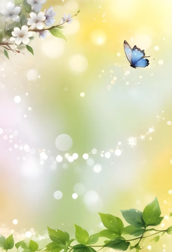 Digital Painting A Blue Butterfly Flying Over A Bokeh Background With Some White Sparkles And A Branch With Flowers In The Corner Bold And Slim Lines Brush Strokes 6 950a