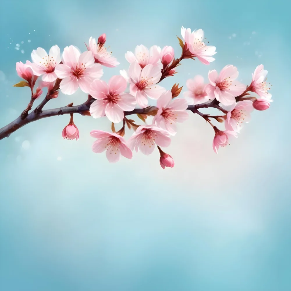 Digital Painting A Branch With Pink Cherry Blossoms On A Light Blue Background With Bokeh Effect Soft Pastel Colors Elegant And Romantic Spring Season Floral Design Bold And Slim Lines Brush Strokes 1 1d3f