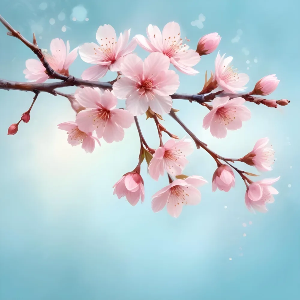 Digital Painting A Branch With Pink Cherry Blossoms On A Light Blue Background With Bokeh Effect Soft Pastel Colors Elegant And Romantic Spring Season Floral Design Bold And Slim Lines Brush Strokes 10 Bfff