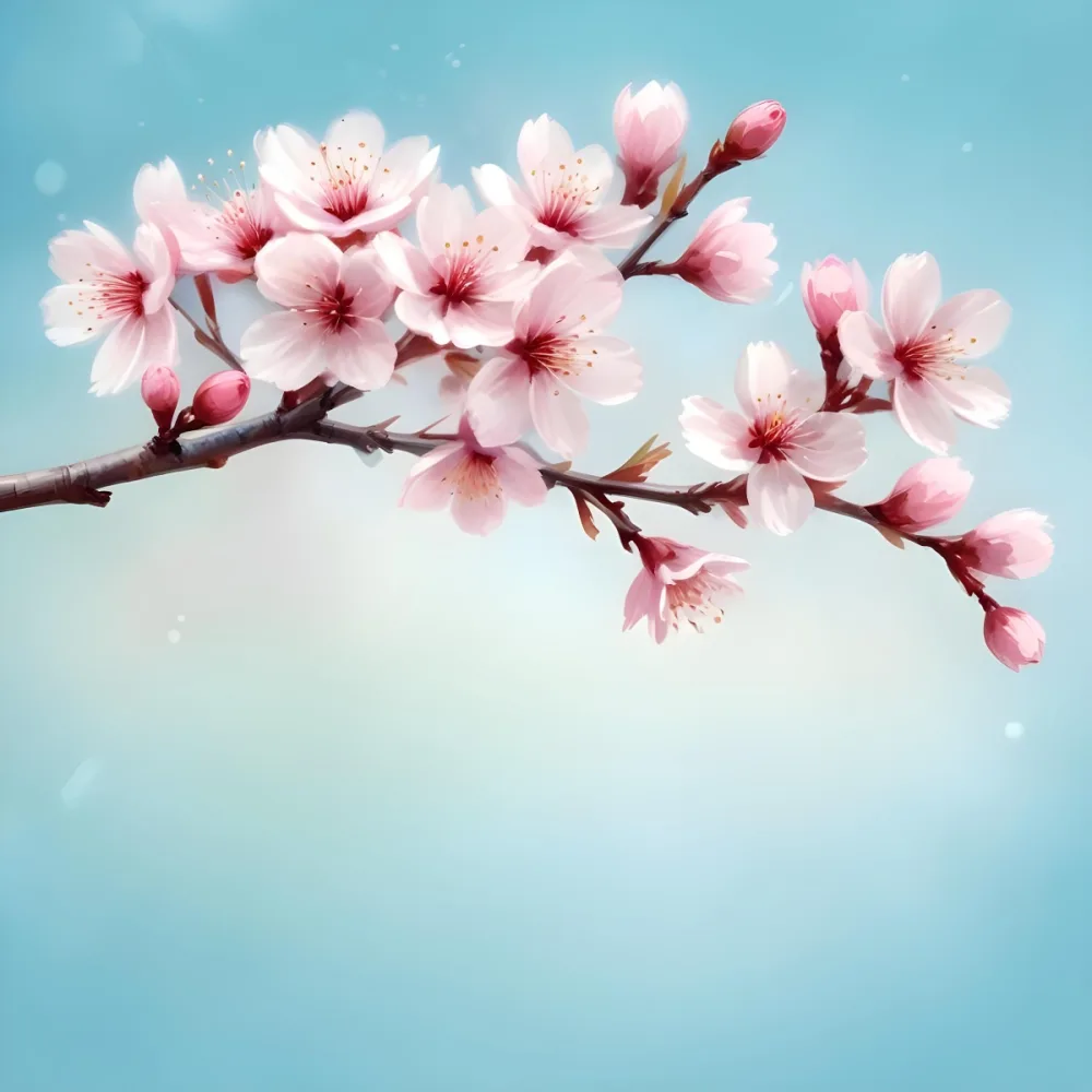 Digital Painting A Branch With Pink Cherry Blossoms On A Light Blue Background With Bokeh Effect Soft Pastel Colors Elegant And Romantic Spring Season Floral Design Bold And Slim Lines Brush Strokes 11 Db9b