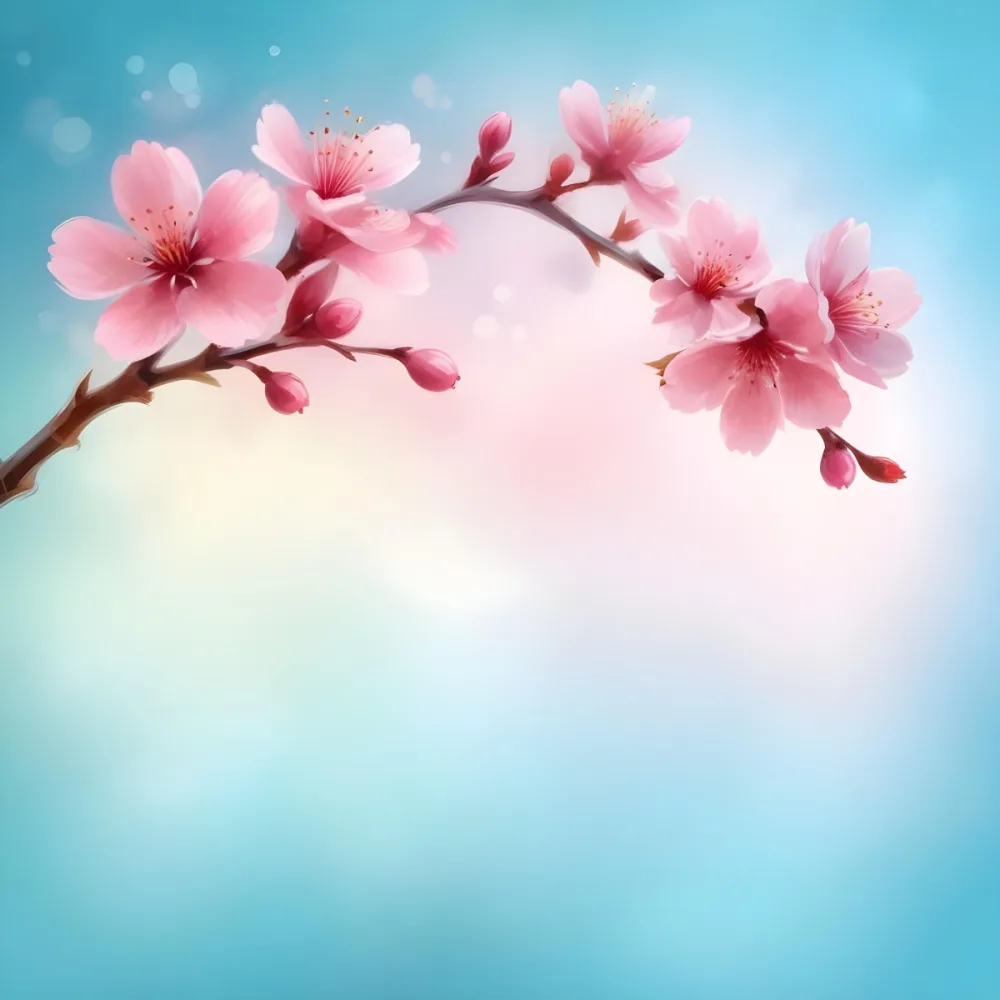 Digital Painting A Branch With Pink Cherry Blossoms On A Light Blue Background With Bokeh Effect Soft Pastel Colors Elegant And Romantic Spring Season Floral Design Bold And Slim Lines Brush Strokes 15 5ec1