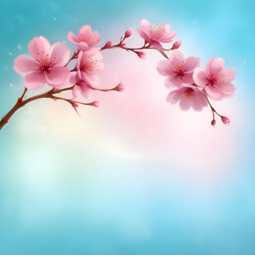 Digital Painting A Branch With Pink Cherry Blossoms On A Light Blue Background With Bokeh Effect Soft Pastel Colors Elegant And Romantic Spring Season Floral Design Bold And Slim Lines Brush Strokes 24 08ee