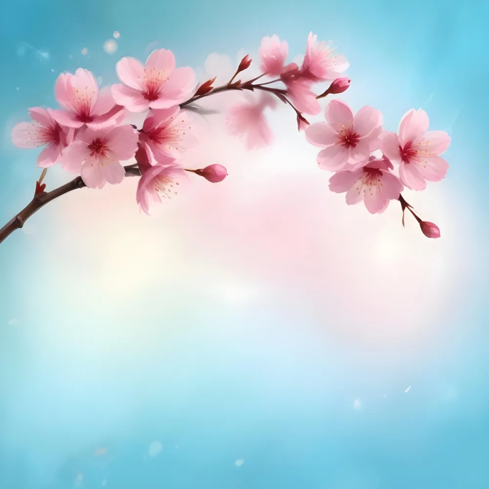 Digital Painting A Branch With Pink Cherry Blossoms On A Light Blue Background With Bokeh Effect Soft Pastel Colors Elegant And Romantic Spring Season Floral Design Bold And Slim Lines Brush Strokes 26 Bb63
