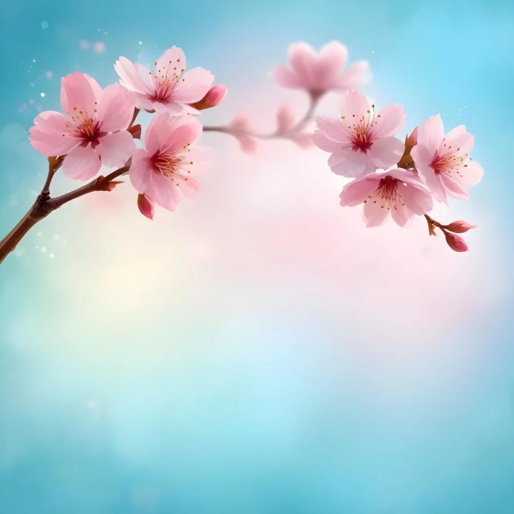 Digital Painting A Branch With Pink Cherry Blossoms On A Light Blue Background With Bokeh Effect Soft Pastel Colors Elegant And Romantic Spring Season Floral Design Bold And Slim Lines Brush Strokes 27 Fb12