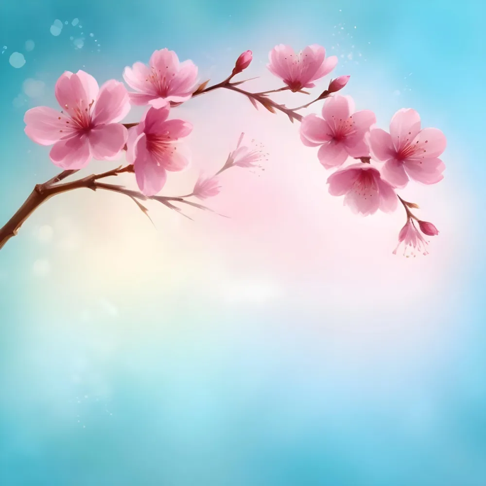 Digital Painting A Branch With Pink Cherry Blossoms On A Light Blue Background With Bokeh Effect Soft Pastel Colors Elegant And Romantic Spring Season Floral Design Bold And Slim Lines Brush Strokes 28 A0b1