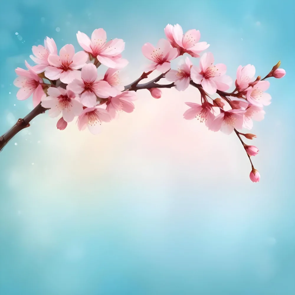 Digital Painting A Branch With Pink Cherry Blossoms On A Light Blue Background With Bokeh Effect Soft Pastel Colors Elegant And Romantic Spring Season Floral Design Bold And Slim Lines Brush Strokes 3 8429