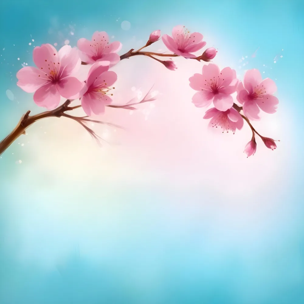Digital Painting A Branch With Pink Cherry Blossoms On A Light Blue Background With Bokeh Effect Soft Pastel Colors Elegant And Romantic Spring Season Floral Design Bold And Slim Lines Brush Strokes 30 A773