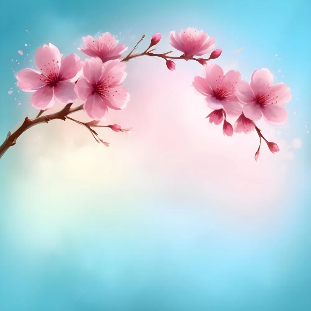 Digital Painting A Branch With Pink Cherry Blossoms On A Light Blue Background With Bokeh Effect Soft Pastel Colors Elegant And Romantic Spring Season Floral Design Bold And Slim Lines Brush Strokes 4 3488