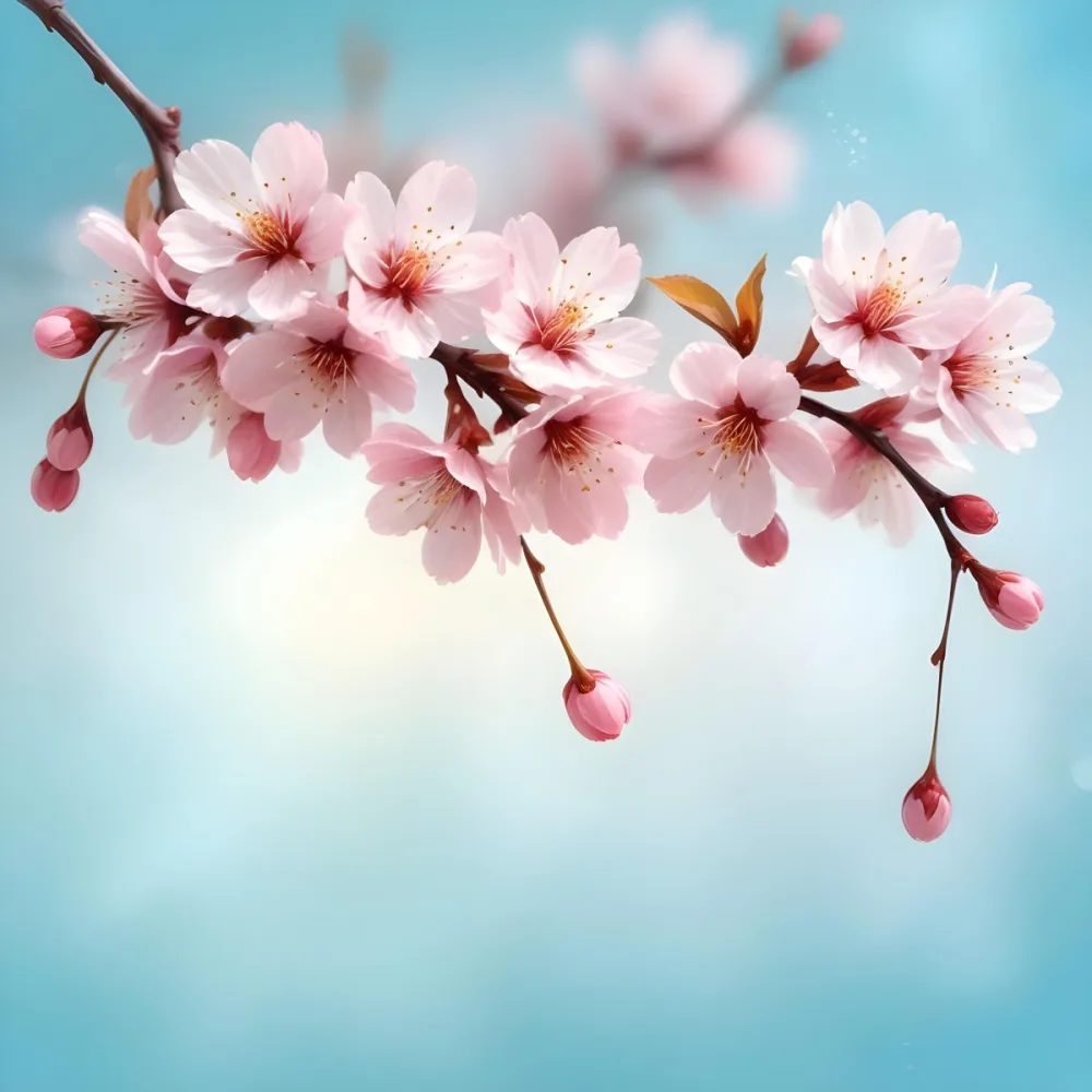 Digital Painting A Branch With Pink Cherry Blossoms On A Light Blue Background With Bokeh Effect Soft Pastel Colors Elegant And Romantic Spring Season Floral Design Bold And Slim Lines Brush Strokes 6 8c02