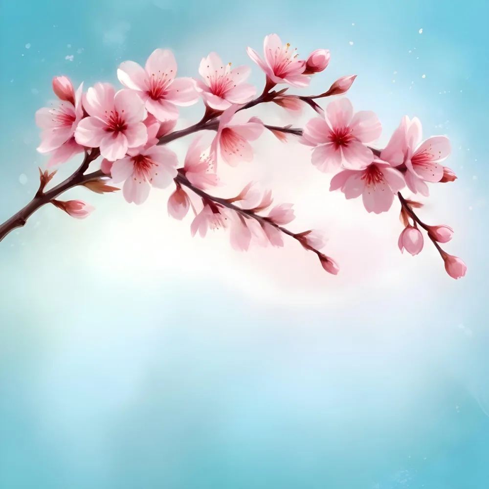 Digital Painting A Branch With Pink Cherry Blossoms On A Light Blue Background With Bokeh Effect Soft Pastel Colors Elegant And Romantic Spring Season Floral Design Bold And Slim Lines Brush Strokes 7 1962