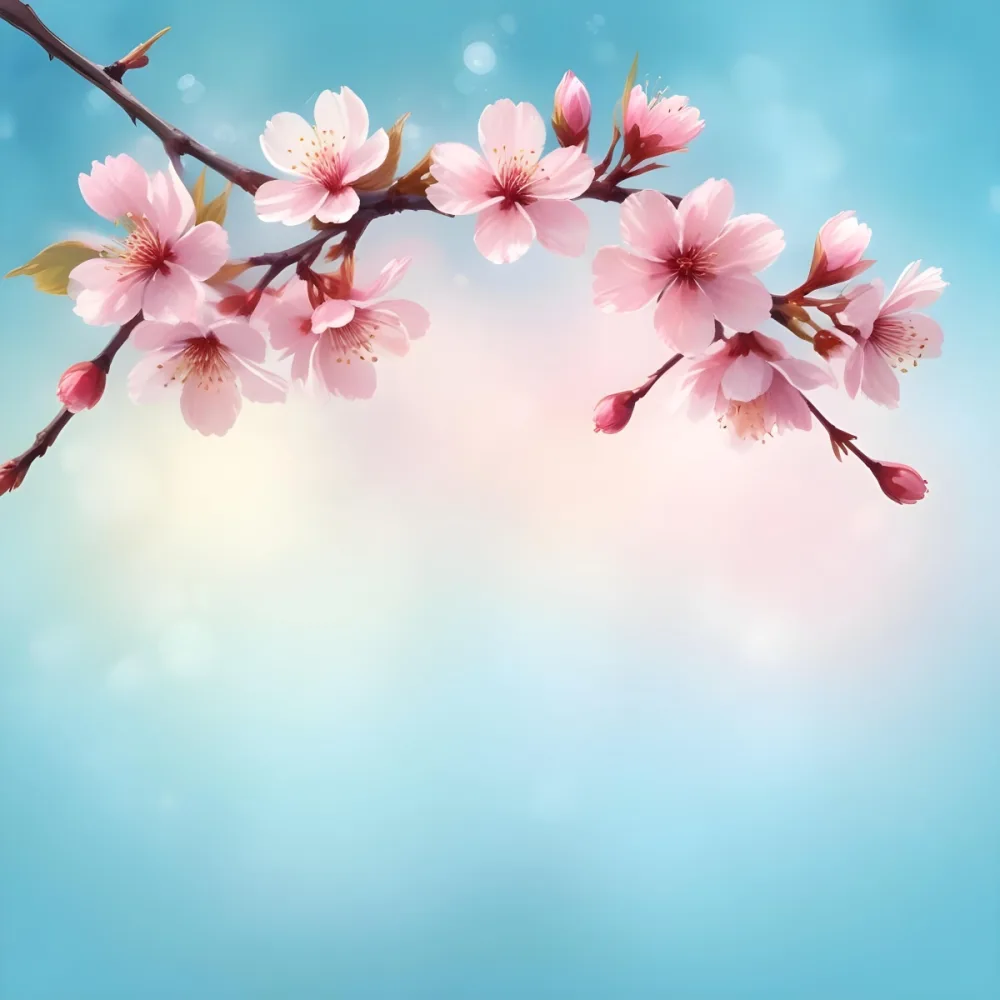 Digital Painting A Branch With Pink Cherry Blossoms On A Light Blue Background With Bokeh Effect Soft Pastel Colors Elegant And Romantic Spring Season Floral Design Bold And Slim Lines Brush Strokes 9 D1e9